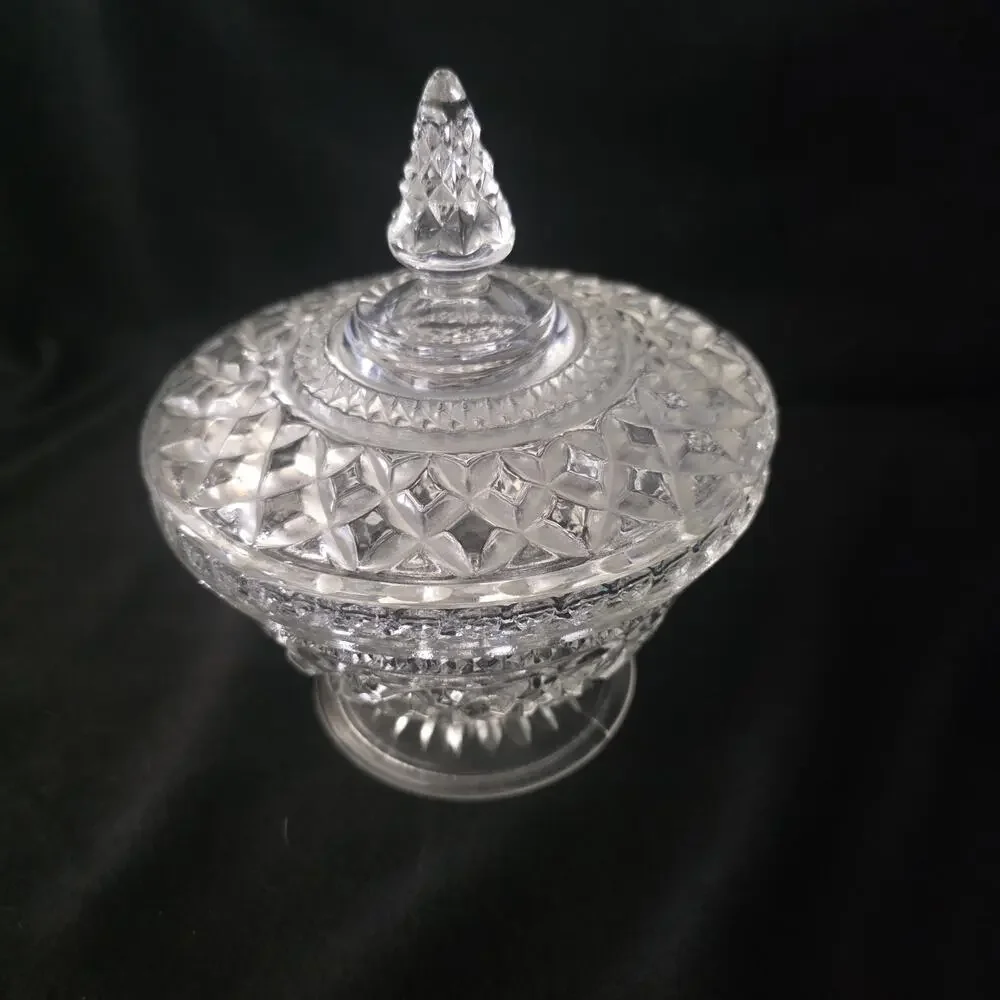 Vintage Crystal Style Covered Candy Dish Pedestal Bowl Diamond Pattern...